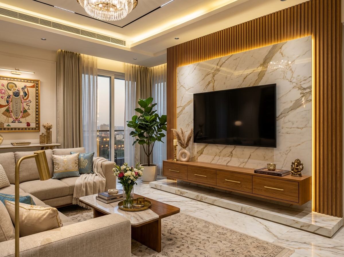 Modern Indian living room feature wall with warm oak fluted louvers and UV marble sheet